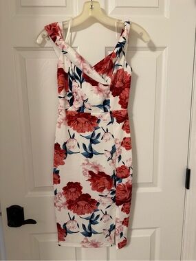 White Floral Sheath Dress with Red Bloom Print